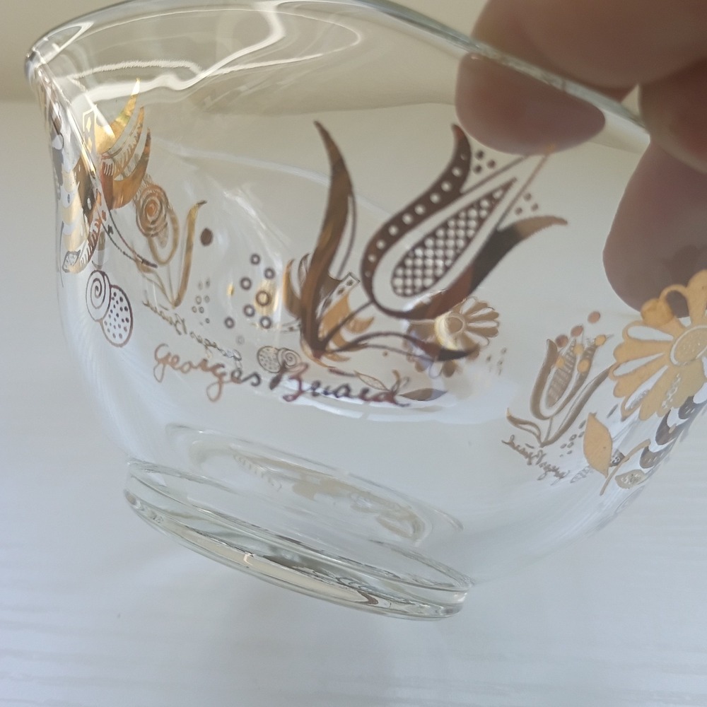 MCM Georges Briard Gold Floral Glass Bowl Jacobean Flowers W/ Gold Spoon - Picture 6 of 16